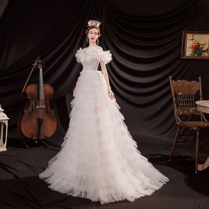 Fashion White Light Pleated Wedding Dresses 2021 A Line Princess Spaghetti Straps Short Sleeve Backless Sweep Train Wedding