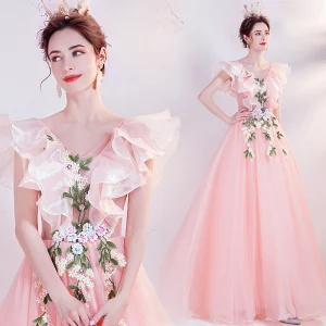 Fée Des Fleurs Rose Bonbon Volants Robe De Bal 2021 Princesse V Cou En Dentelle Fleur Appliques Manches Longues Dos Nu Longue Promo Robe De Ceremonie