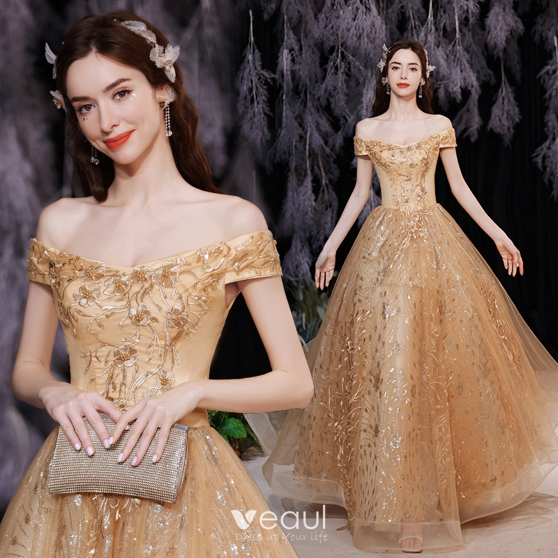 Chic / Beautiful Gold Prom Dresses 2021 A-Line / Princess Off-The-Shoulder  Sleeveless Lace Flower Beading Pearl Backless Floor-Length / Long Prom  Formal Dresses