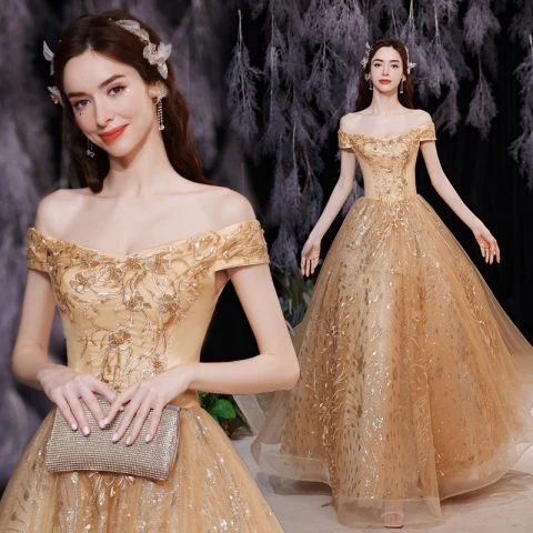 Schöne Gold Ballkleider 2021 A Linie Off Shoulder Ärmellos Spitze Blumen Perlenstickerei Perle Rückenfreies Lange Ball Festliche Kleider