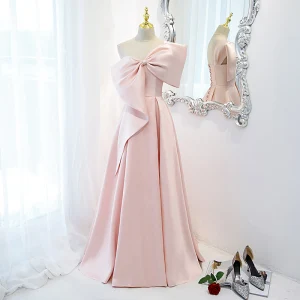 Lovely Blushing Pink Satin Prom Dresses 2021 A Line Princess One Shoulder Bow Sleeveless Backless Floor Length Long Prom Formal Dresses