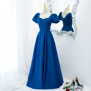 Vintage Retro Ocean Blue Satin Prom Dresses 2021 A Line Princess Square Neckline Puffy Short Sleeve Backless Floor Length Long Prom Formal Dresses