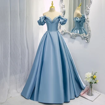 Mode Bleu Ciel Satin Robe De Bal 2021 Princesse De L Épaule Volants Manches Courtes Dos Nu Longue Promo Robe De Ceremonie