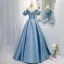 Fashion Sky Blue Satin Prom Dresses 2021 A-Line / Princess Off-The-Shoulder Ruffle Short Sleeve Backless Floor-Length / Long Prom Formal Dresses