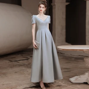 Vintage Retro Silver Grey Satin Prom Dresses 2021 A Line Princess V Neck Beading Pearl Sequins Short Sleeve Backless Floor Length Long Prom Formal Dresses