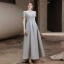 Vintage / Retro Silver Grey Satin Prom Dresses 2021 A-Line / Princess V-Neck Beading Pearl Sequins Short Sleeve Backless Floor-Length / Long Prom Formal Dresses