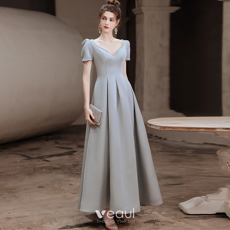 Vintage / Retro Silver Grey Satin Prom Dresses 2021 A-Line / Princess V-Neck Beading Pearl Sequins Short Sleeve Backless Floor-Length / Long Prom Formal Dresses Vintage / Retro Silver Grey Satin Prom Dresses 2021 A-Line / Princess V-Neck Beading Pearl Sequins Short Sleeve Backless Floor-Length / Long Prom Formal Dresses