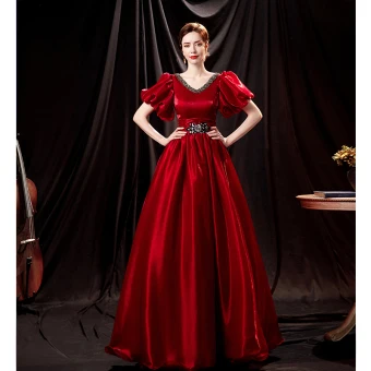 Vintage Originale Bordeaux Satin Robe De Bal 2021 Princesse V Cou Faux Diamant Manches De Cloche Dos Nu Longue Promo Robe De Ceremonie