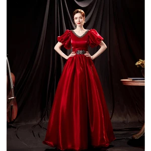 Vintage Retro Burgundy Satin Prom Dresses 2021 A Line Princess V Neck Rhinestone Bell Sleeves Backless Floor Length Long Prom Formal Dresses