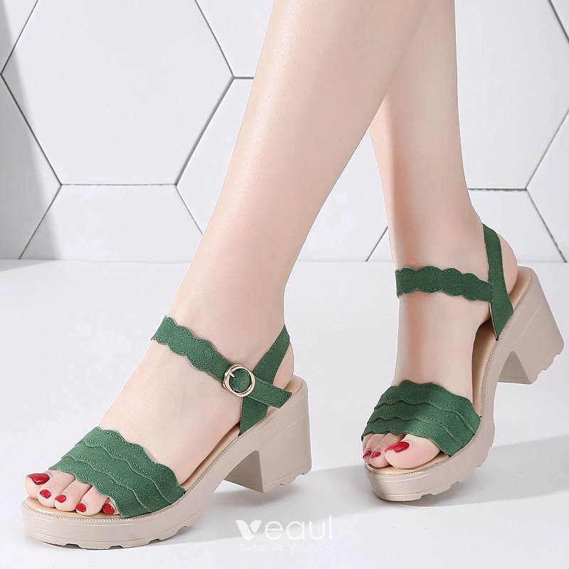 Mooie Prachtige Groen Zomer Straatkleding Suede Sandalen Dames 2021 6 cm Dikke Hak Peep Toe Sandalen