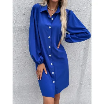 Modest Simple Summer Street Wear Solid Color Royal Blue Loose Women Dresses 2021 Covered Button Lapel Long Sleeve Women S Tops