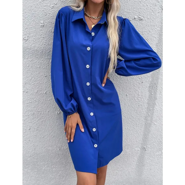 Modest / Simple Summer Street Wear Solid Color Royal Blue Loose Women Dresses 2021 Covered Button Lapel Long Sleeve Women's Tops