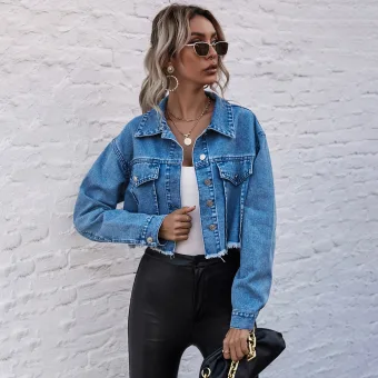 Fashion Street Wear Ocean Blue Denim Coats Jackets 2021 Covered Button Lapel Long Sleeve Women S Tops