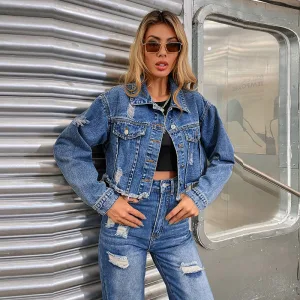 Mode Ocean Blå Trasiga Gatukläder Denim Rockar Jackor 2021 Covered Button Omslags Damtoppar