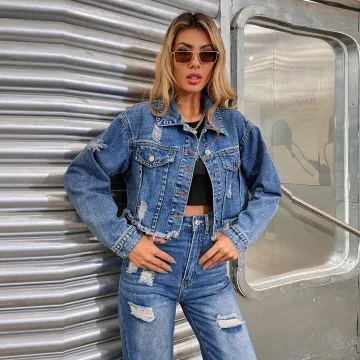 Fashion Ocean Blue Ripped Street Wear Denim Coats Jackets 2021 Covered Button Lapel Women S Tops