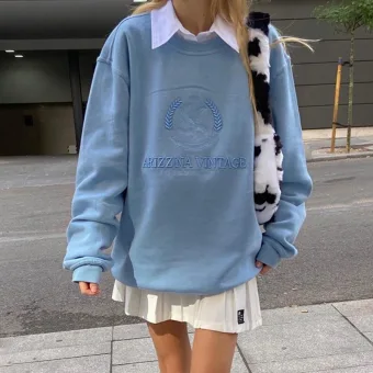 Fashion Winter Pool Blue Letter Graphic Loose Sweatshirts 2021 Scoop Neck Long Sleeve Women S Tops Street Wear