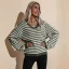 Mode Vert Tricot Rayé Vêtement de rue Ample Chandails 2021 Coton V-Cou Manches Longues Hauts