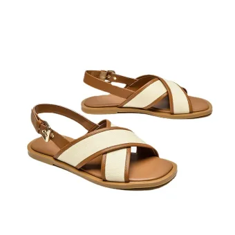 Roman Aprikos Gateklær Strand Sommer Flate Sandaler Dame 2021 Lær Peep Toe Sandaler