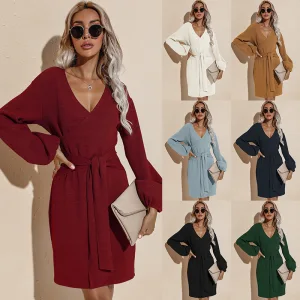 Été Vêtement De Rue Vêtements De Vacances Bordeaux Couleur Unie Ordinaire Femme Robes 2021 V Cou Ceinture Manches Longues