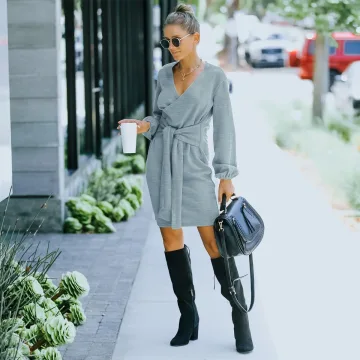 Tomber Hiver Vêtement De Rue Bleu Ciel Ordinaire Femme Robes 2021 Coton V Cou Manches Longues Ceinture