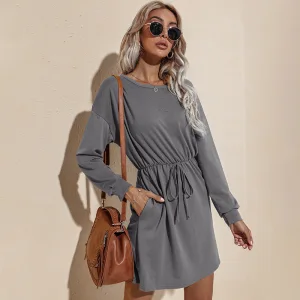 Tomber Hiver Gris Vêtement De Rue Femme Robes 2021 Encolure Dégagée Noeud Ceinture Ordinaire Manches Longues