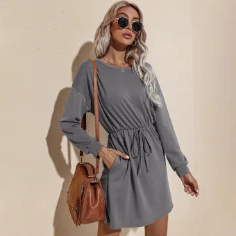 Fall Winter Grey Street Wear Women Dresses 2021 Scoop Neck Bow Sash Regular Long Sleeve