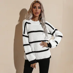 Vintage Originale Tomber Hiver Ample Vêtement De Rue Bande Blanche Tricot Chandails 2021 Encolure Dégagée Manches Longues Hauts Pour Femmes