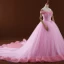 Romantic Candy Pink Ball Gown Corset Wedding Dresses 2017 Off-The-Shoulder Short Sleeve Backless Tulle Flower Cathedral Train