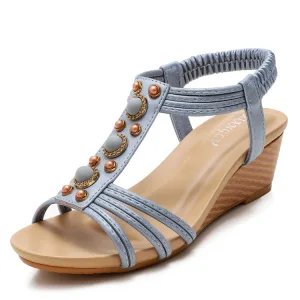 Romain Vintage Originale Désinvolte Bleu Ciel Perle Sandales Femme 2021 5 Cm Compensées T Strap Peep Toes Bout Ouvert Sandales Talons Hauts