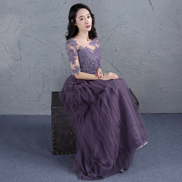 Élégant Grape Robe De Bal 2017 Encolure Dégagée 1/2 Manches Appliques En Dentelle Ceinture Volants Tulle Longue Robe De Ceremonie