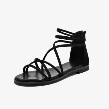 Romeins Zwarte Zomer Strand Toevallig Platte Sandalen Dames 2021 Leer X Strap Peep Toe Sandalen