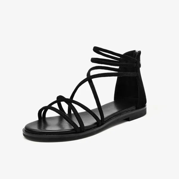 Roman Black Summer Beach Casual Flat Womens Sandals 2021 Leather X-Strap Open / Peep Toe Sandals