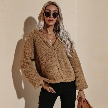 Fashion Fall Winter Street Wear Khaki Plush Coats Jackets 2021 V Neck Long Sleeve Regular Women S Tops