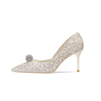 Scintillantes Charmant Champagne Faux Diamant Paillettes Chaussure De Mariée 2021 Cuir 8 Cm Talons Aiguilles À Bout Pointu Mariage Escarpins Talons Hauts