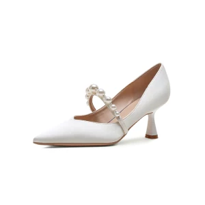 Mode Vita Pärla Läder Satin Brudskor 2021 6 Cm Stilettklackar Spetsiga Bröllop Pumps Högklackade