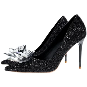 Sexy Scintillantes Noire Cristal Paillettes Cocktail Soirée Escarpins 2021 9 Cm Talons Aiguilles À Bout Pointu Escarpins Talons Hauts