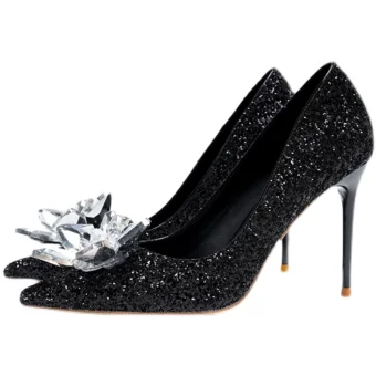 Sexy Sparkly Black Crystal Sequins Cocktail Party Evening Party Pumps 2021 9 Cm Stiletto Heels Pointed Toe Pumps High Heels