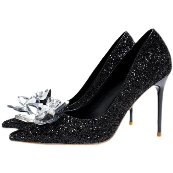 Sexy Scintillantes Noire Cristal Paillettes Cocktail Soirée Escarpins 2021 9 cm Talons Aiguilles À Bout Pointu Escarpins Talons Hauts