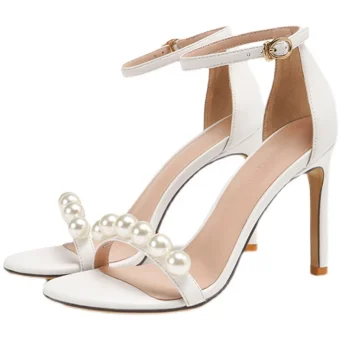 Sexy Blanche Cocktail Soirée Perle Sandales Femme 2021 10 Cm Talons Aiguilles Bride Cheville Peep Toes Bout Ouvert Sandales Talons Hauts