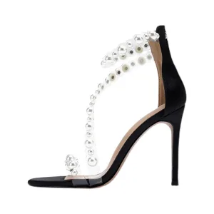 Sexy Summer Black Pearl Ankle Strap Cocktail Party Evening Party Womens Sandals 2021 10 Cm Stiletto Heels Open Peep Toe Sandals High Heels