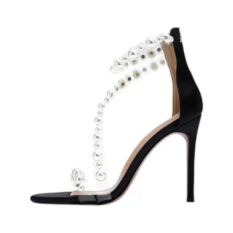 Sexy Été Noire Perle Bride Cheville Cocktail Soirée Sandales Femme 2021 10 Cm Talons Aiguilles Peep Toes Bout Ouvert Sandales Talons Hauts