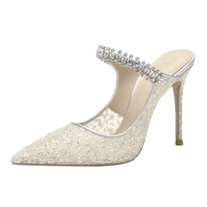 Sexy Silver Cocktail Party Evening Party Rhinestone Sequins Womens Sandals 2021 Leather Tulle 10 Cm Stiletto Heels Pointed Toe Womens Shoes High Heels