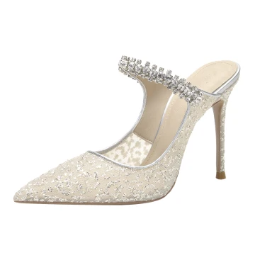 Sexy Silver Cocktail Party Evening Party Rhinestone Sequins Womens Sandals 2021 Leather Tulle 10 Cm Stiletto Heels Pointed Toe Womens Shoes High Heels