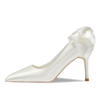 Élégant Ivoire Satin Noeud Chaussure De Mariée 2021 Cuir 8 Cm Talons Aiguilles À Bout Pointu Mariage Escarpins Talons Hauts