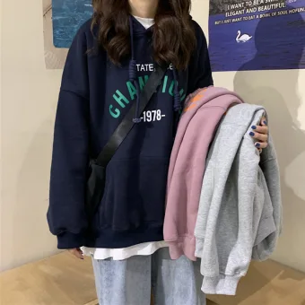 Comfortable Fall Winter Casual Navy Blue Loose Letter Graphic Hooded Sweatshirts 2021 Cotton Long Sleeve Women S Tops