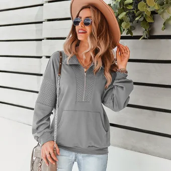 Comfortable Fall Winter Grey Street Wear Regular Sweatshirts 2021 Lapel Long Sleeve Women S Tops