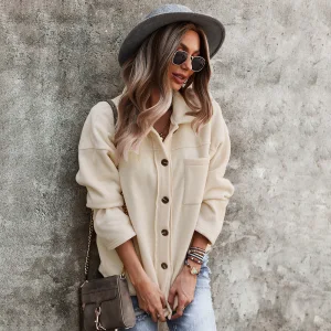 Comfortable Fall Winter Street Wear Beige Suede Regular Blouses 2021 Lapel Long Sleeve Women S Tops