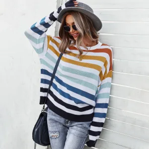 Fashion Fall Winter Street Wear Multi Colors Stripe Loose Sweaters 2021 Cotton Scoop Neck Long Sleeve Women S Tops