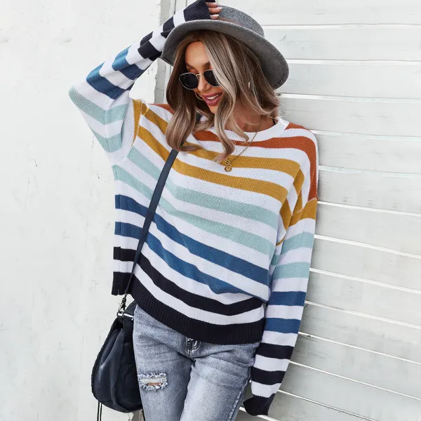 Fashion Fall Winter Street Wear Multi-Colors Stripe Loose Sweaters 2021 Cotton Scoop Neck Long Sleeve Women's Tops