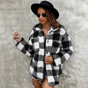 Fashion Fall Winter Street Wear Grey Plaid Coats Jackets 2021 Lapel Long Sleeve Women S Tops
